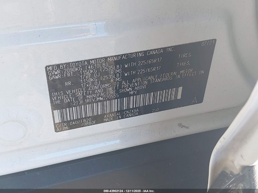 2021 Toyota Rav4 Le VIN: 2T3F1RFV3MW220555 Lot: 43902124