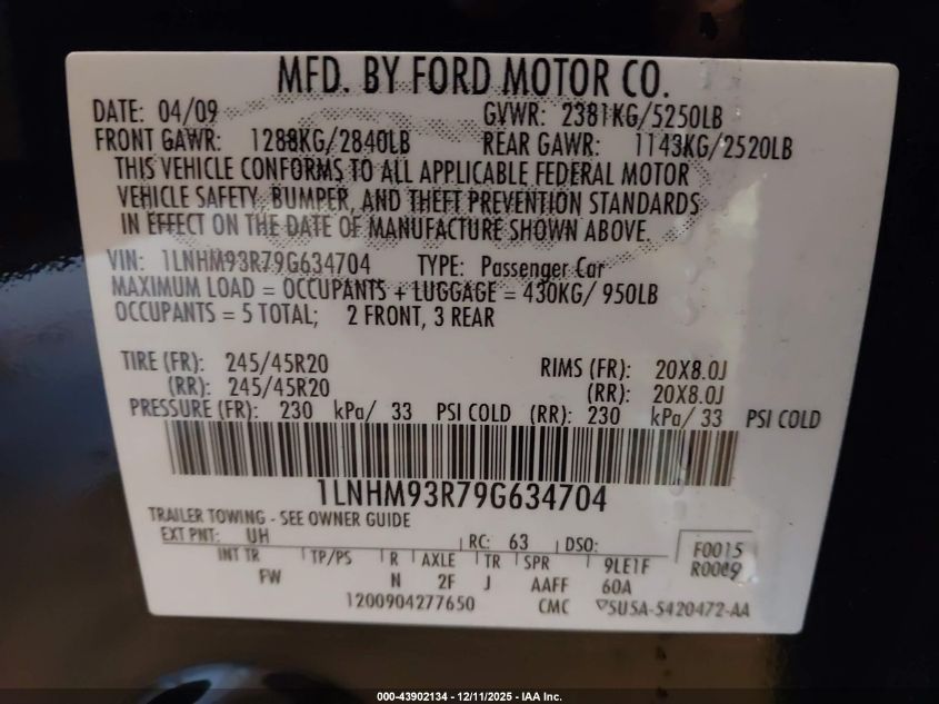 2009 Lincoln Mks VIN: 1LNHM93R79G634704 Lot: 43902134