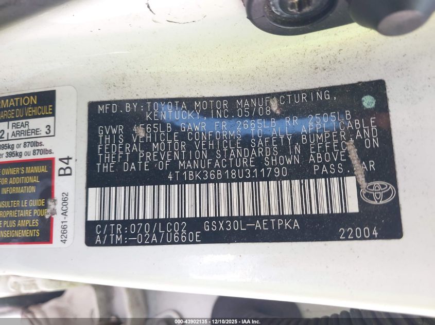 2008 Toyota Avalon Limited VIN: 4T1BK36B18U311790 Lot: 43902135