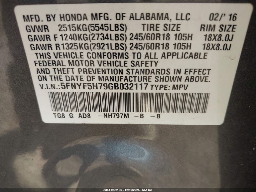 2016 Honda Pilot Ex-L VIN: 5FNYF5H79GB032117 Lot: 43902136