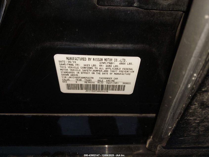 2010 Infiniti G37X VIN: JN1CV6AR3AM254278 Lot: 43902147