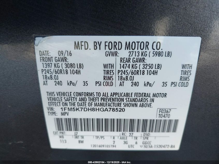 2017 Ford Explorer Xlt VIN: 1FM5K7DH8HGA78520 Lot: 43902154