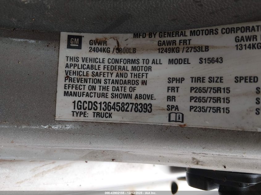 2005 Chevrolet Colorado Ls VIN: 1GCDS136458278393 Lot: 43902155