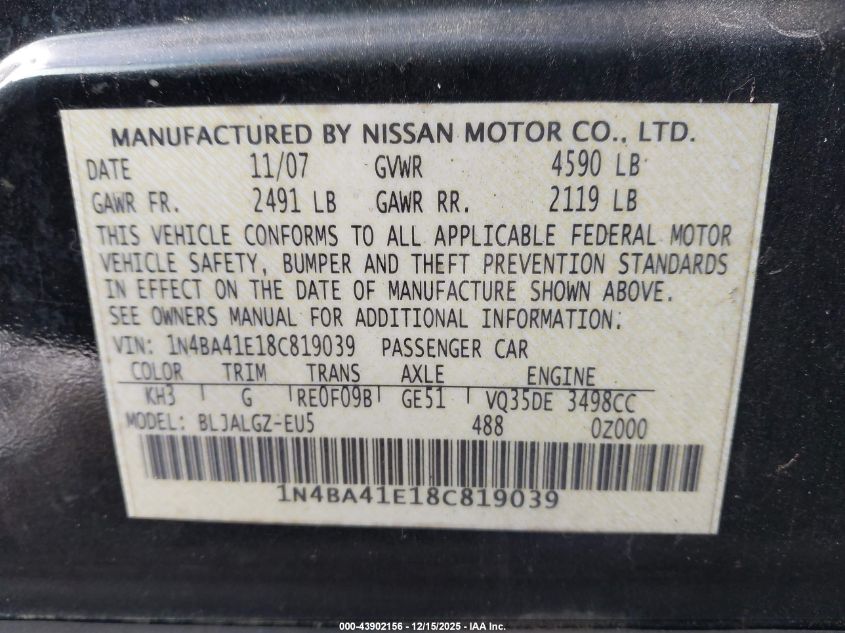 2008 Nissan Maxima 3.5 Sl VIN: 1N4BA41E18C819039 Lot: 43902156