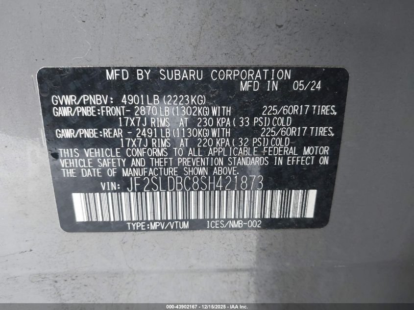2025 Subaru Forester Premium VIN: JF2SLDBC8SH421873 Lot: 43902167