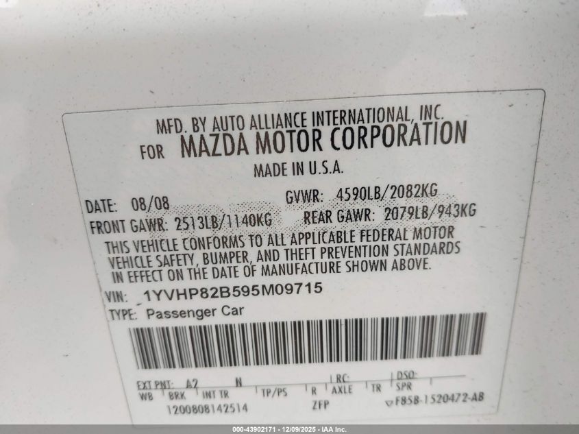 2009 Mazda Mazda6 S Touring VIN: 1YVHP82B595M09715 Lot: 43902171