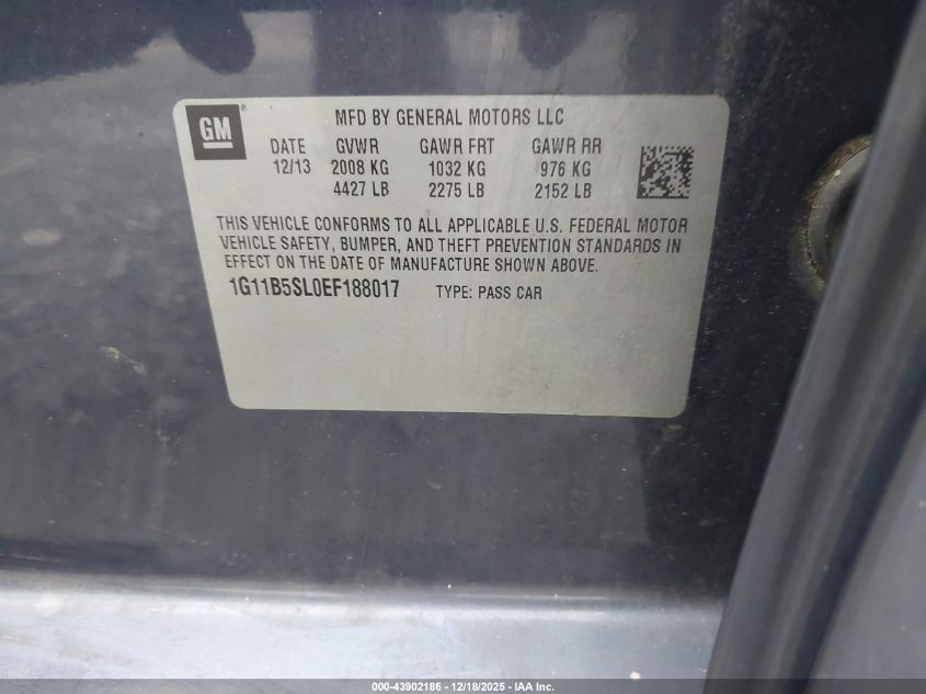 2014 Chevrolet Malibu 1Ls VIN: 1G11B5SL0EF188017 Lot: 43902186