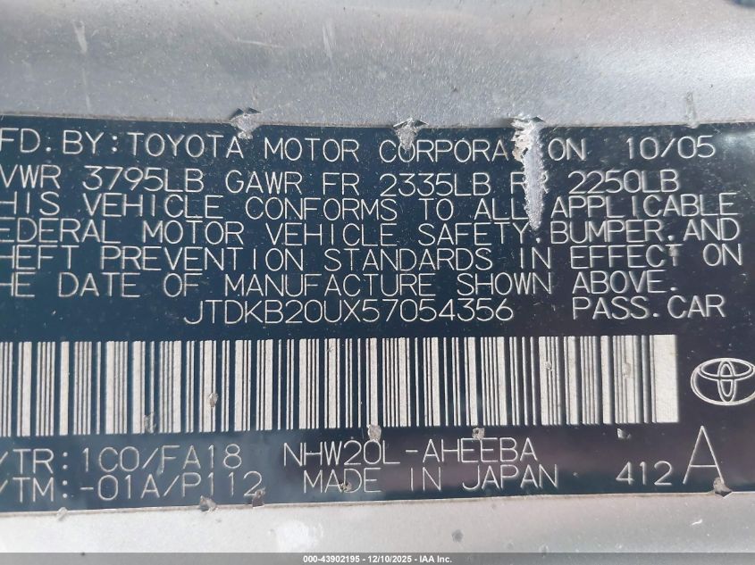2005 Toyota Prius VIN: JTDKB20UX57054356 Lot: 43902195