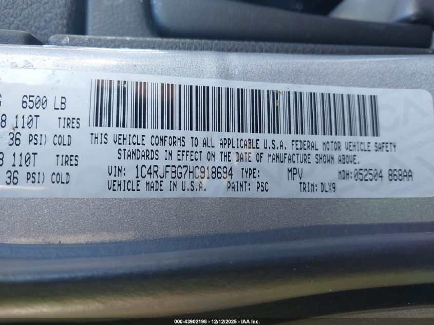 2017 Jeep Grand Cherokee Limited 4X4 VIN: 1C4RJFBG7HC918694 Lot: 43902198
