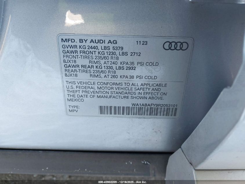 2024 Audi Q5 Premium 40 Tfsi Quattro S Tronic VIN: WA1ABAFY9R2053101 Lot: 43902209