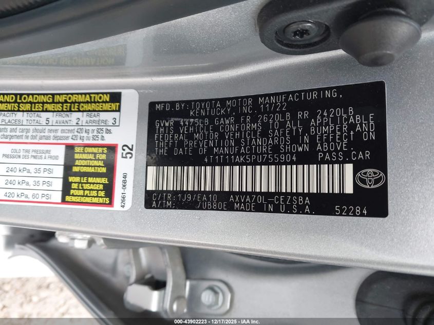 2023 Toyota Camry Se VIN: 4T1T11AK5PU755904 Lot: 43902223