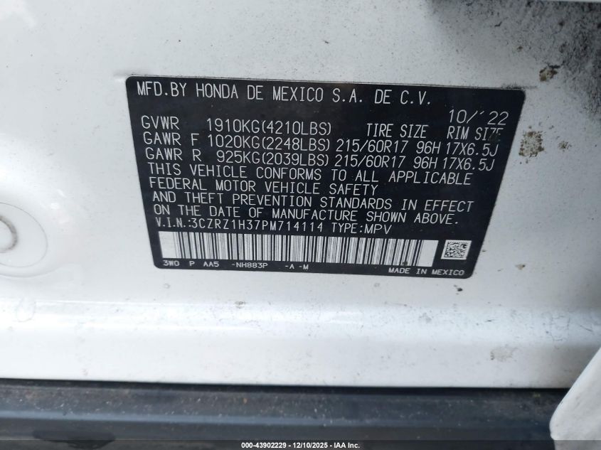 2023 Honda Hr-V 2Wd Lx VIN: 3CZRZ1H37PM714114 Lot: 43902229