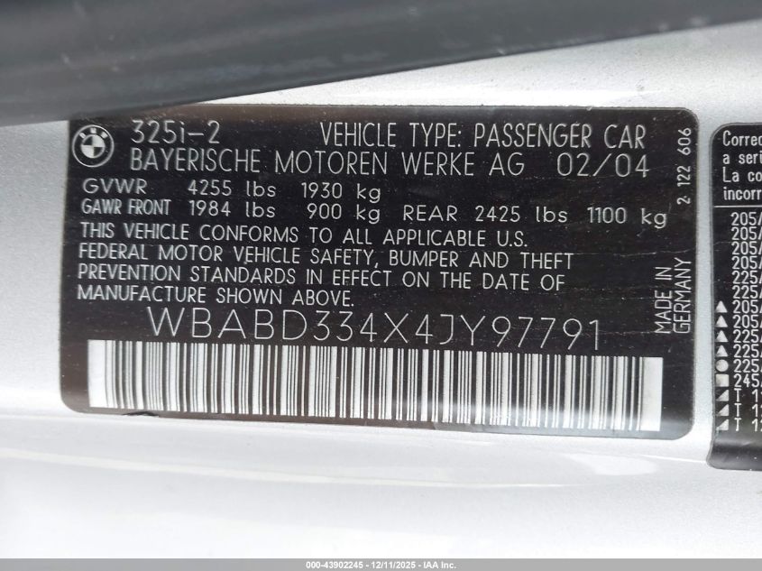 2004 BMW 325Ci VIN: WBABD334X4JY97791 Lot: 43902245