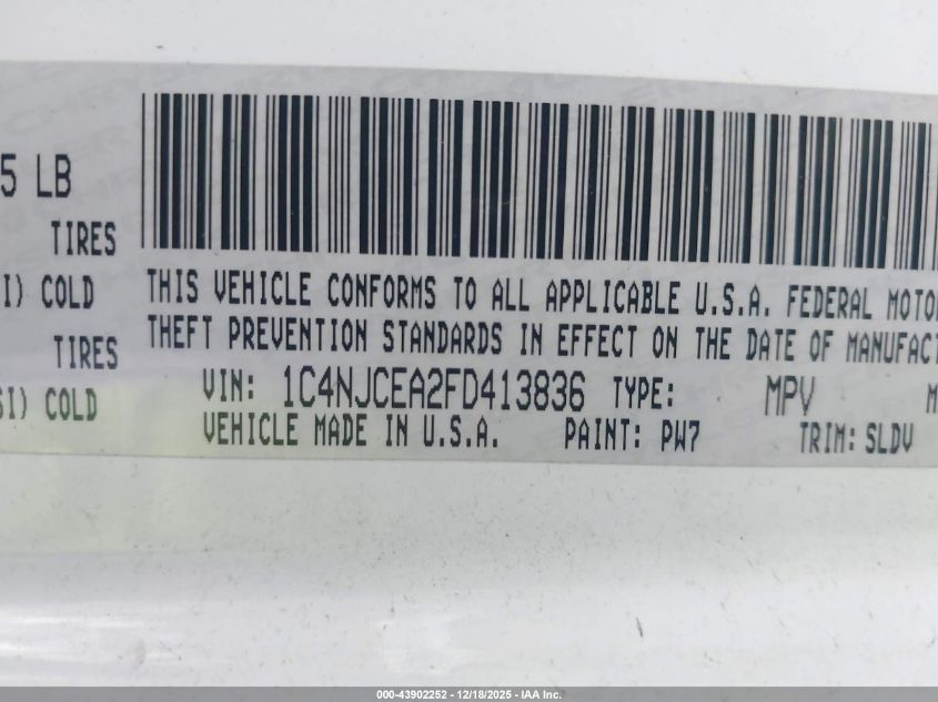 2015 Jeep Compass High Altitude Edition VIN: 1C4NJCEA2FD413836 Lot: 43902252