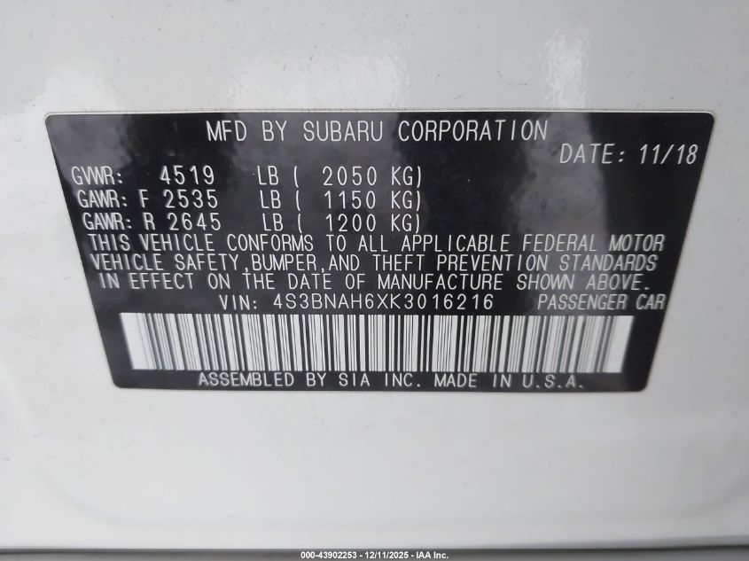 2019 Subaru Legacy 2.5I Premium VIN: 4S3BNAH6XK3016216 Lot: 43902253