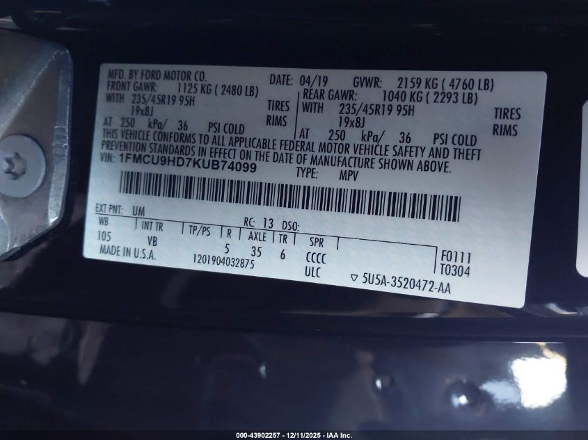 2019 Ford Escape Sel VIN: 1FMCU9HD7KUB74099 Lot: 43902257