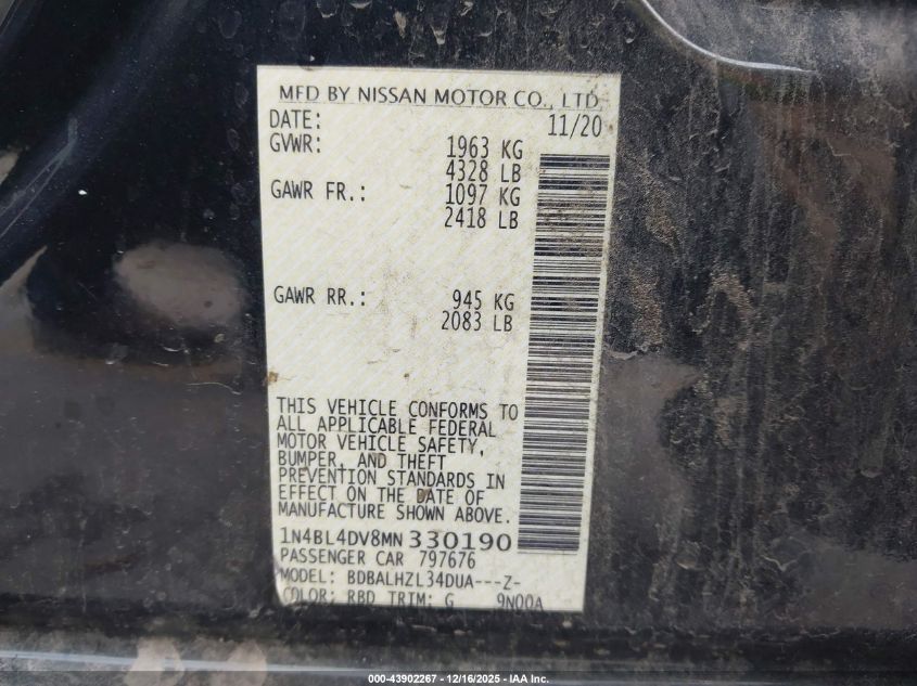 2021 Nissan Altima Sv Fwd VIN: 1N4BL4DV8MN330190 Lot: 43902267