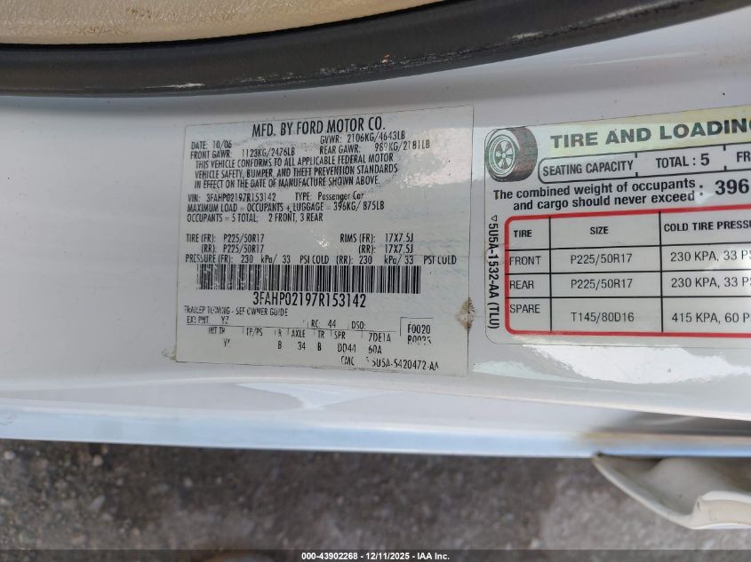 2007 Ford Fusion Sel VIN: 3FAHP02197R153142 Lot: 43902268