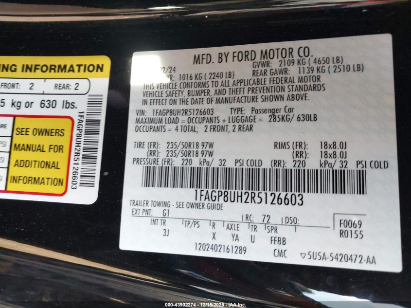 2024 Ford Mustang Ecoboost Premium VIN: 1FAGP8UH2R5126603 Lot: 43902274