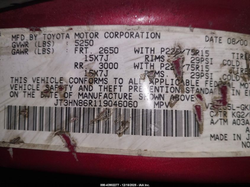 2001 Toyota 4Runner Sr5 V6 VIN: JT3HN86R119046060 Lot: 43902277
