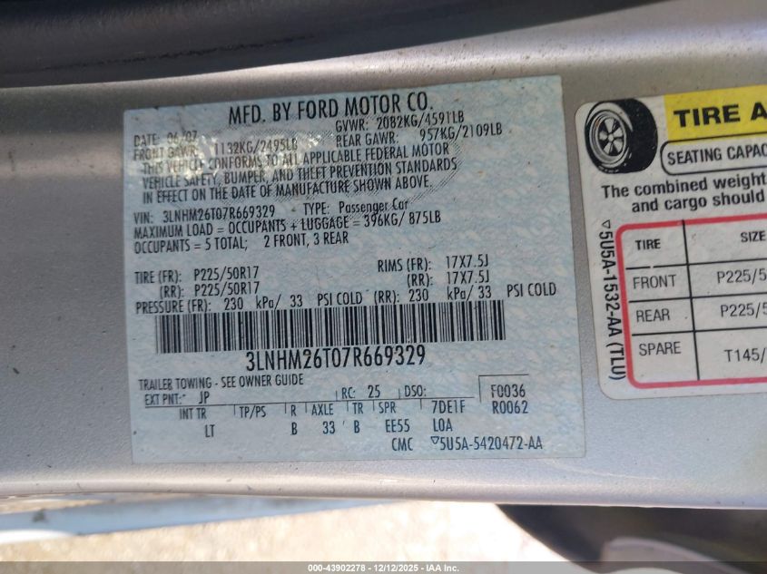 2007 Lincoln Mkz VIN: 3LNHM26T07R669329 Lot: 43902278