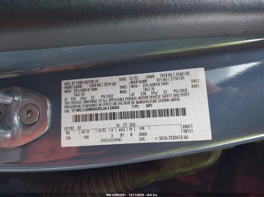 2024 Ford Escape St-Line VIN: 1FMCU0MN6RUA12680 Lot: 43902281