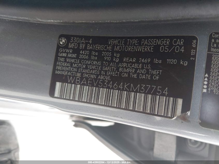 2004 BMW 330I VIN: WBAEV53464KM37754 Lot: 43902284