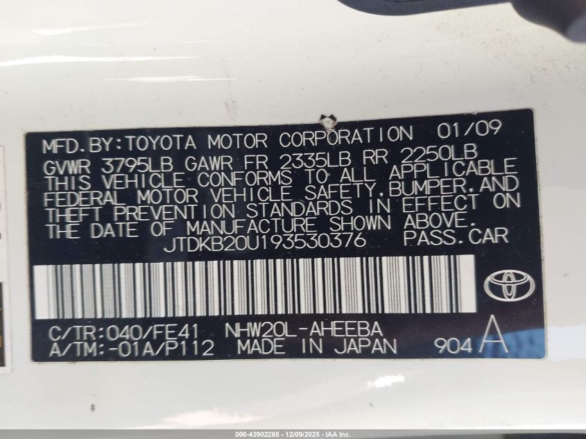 2009 Toyota Prius Standard VIN: JTDKB20U193530376 Lot: 43902288