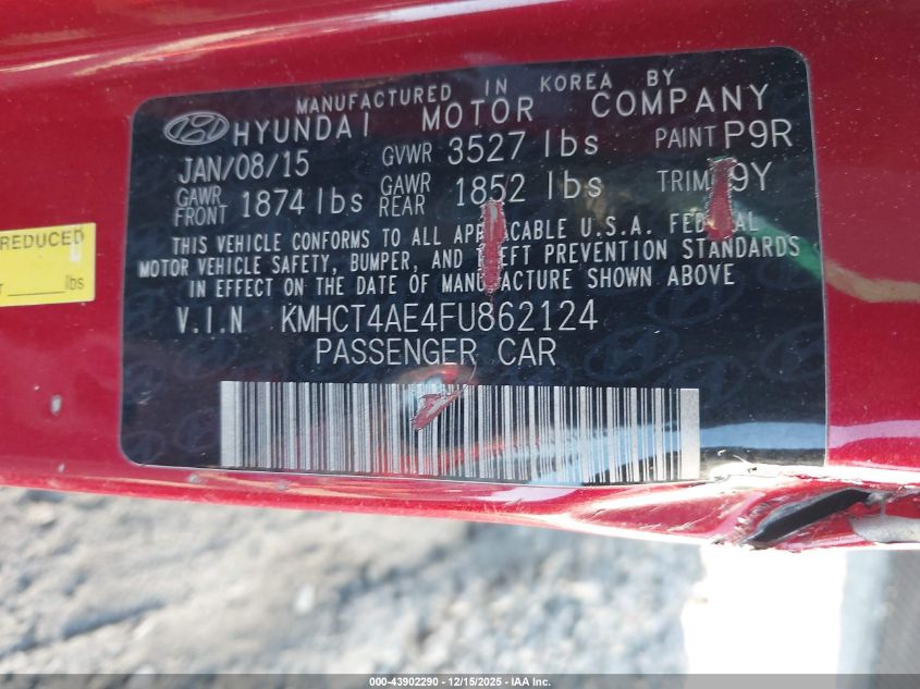 2015 Hyundai Accent Gls VIN: KMHCT4AE4FU862124 Lot: 43902290
