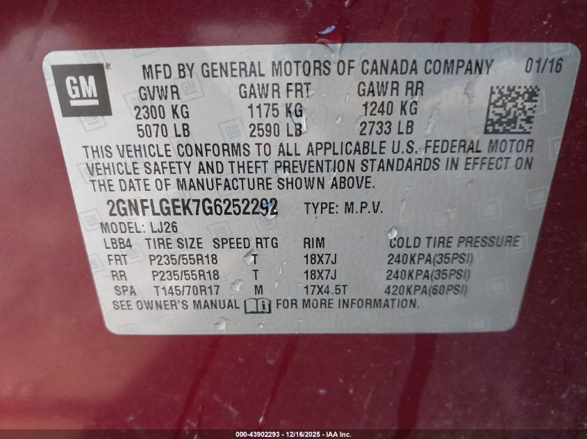 2016 Chevrolet Equinox Ltz VIN: 2GNFLGEK7G6252292 Lot: 43902293