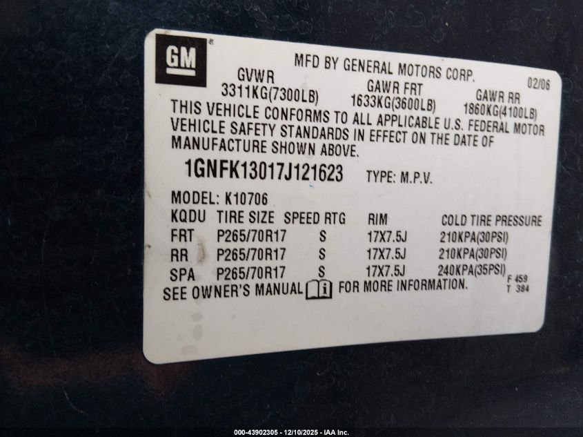 2007 Chevrolet Tahoe Lt VIN: 1GNFK13017J121623 Lot: 43902305