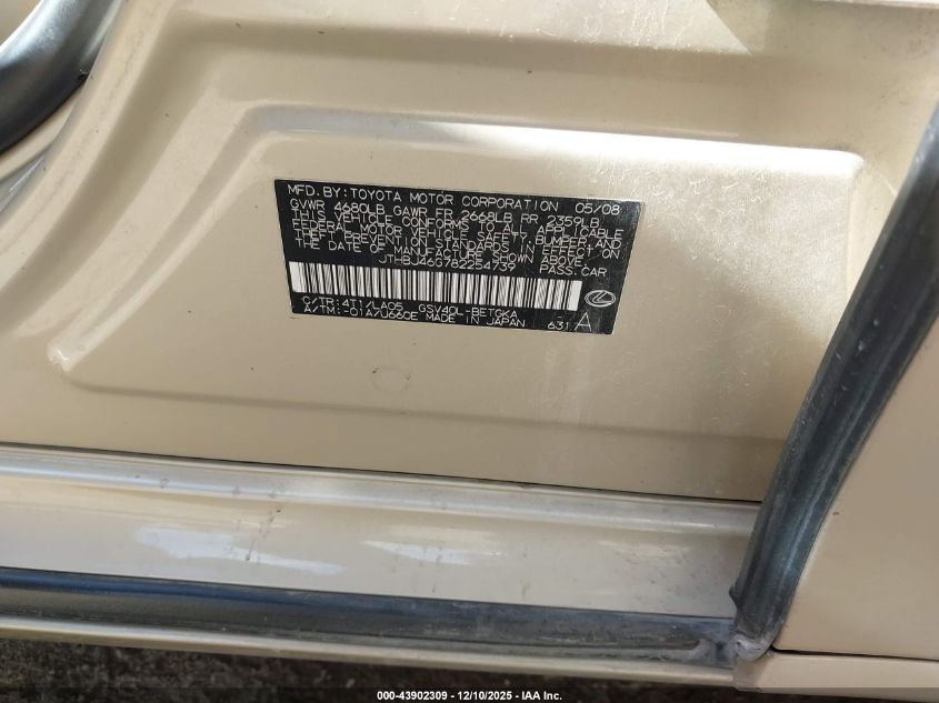 2008 Lexus Es 350 VIN: JTHBJ46G782254739 Lot: 43902309