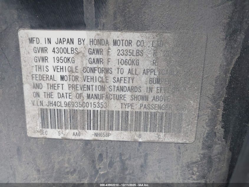 2005 Acura Tsx VIN: JH4CL96935C015353 Lot: 43902310