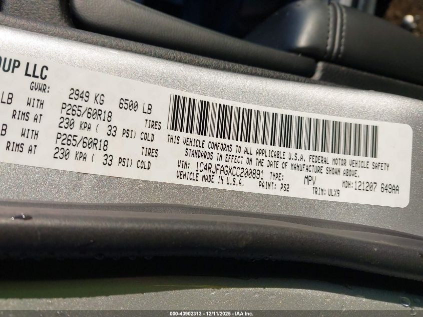 2012 Jeep Grand Cherokee Laredo VIN: 1C4RJFAGXCC200891 Lot: 43902313