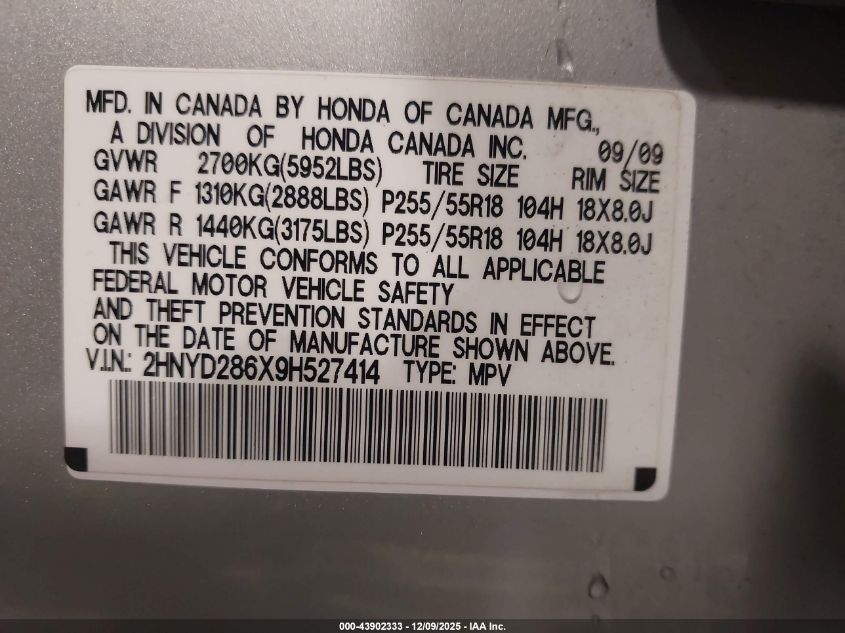 2009 Acura Mdx Technology Package VIN: 2HNYD286X9H527414 Lot: 43902333
