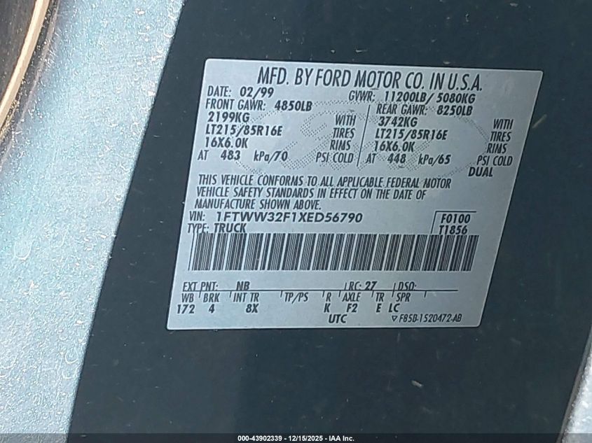 1999 Ford F-350 Lariat/Xl/Xlt VIN: 1FTWW32F1XED56790 Lot: 43902339