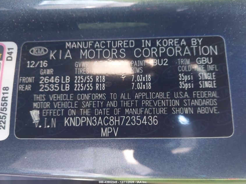 2017 Kia Sportage Ex VIN: KNDPN3AC8H7235436 Lot: 43902349