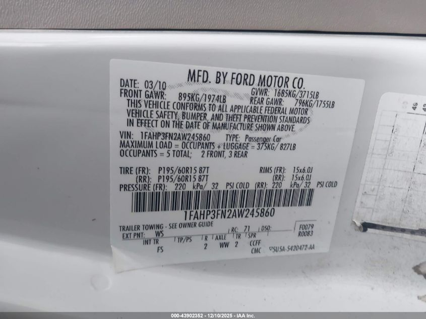 2010 Ford Focus Se VIN: 1FAHP3FN2AW245860 Lot: 43902352