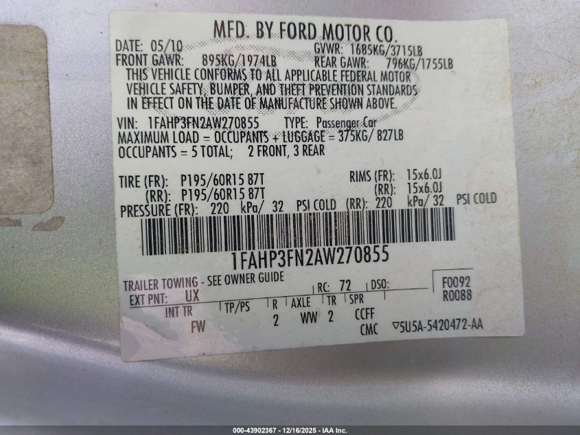 2010 Ford Focus Se VIN: 1FAHP3FN2AW270855 Lot: 43902367