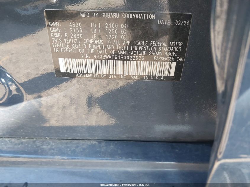 2024 Subaru Legacy Premium VIN: 4S3BWAF61R3022626 Lot: 43902368