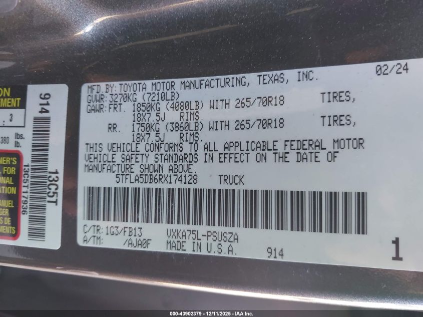 2024 Toyota Tundra Sr5 VIN: 5TFLA5DB6RX174128 Lot: 43902379