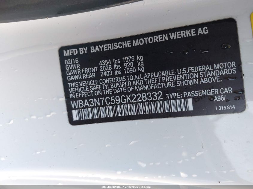 2016 BMW 428I VIN: WBA3N7C59GK228332 Lot: 43902384