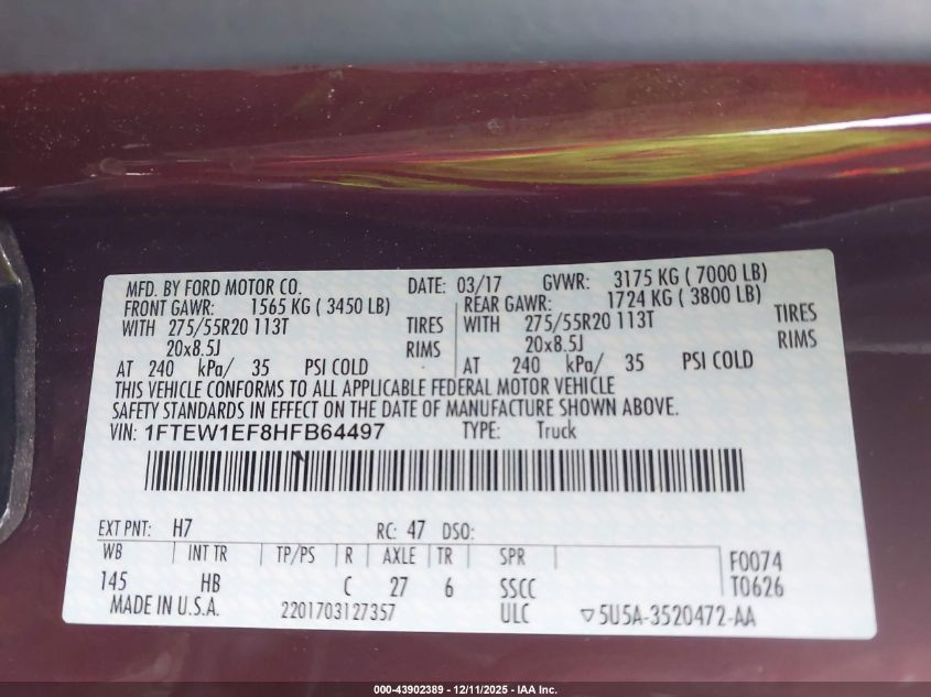 2017 Ford F-150 Lariat VIN: 1FTEW1EF8HFB64497 Lot: 43902389
