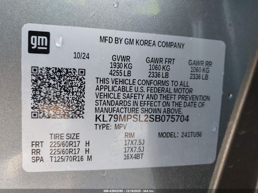 2025 Chevrolet Trailblazer Fwd Lt VIN: KL79MPSL2SB075704 Lot: 43902390