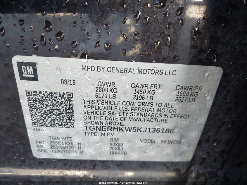 2019 Chevrolet Traverse 3Lt VIN: 1GNERHKW5KJ136186 Lot: 43902395