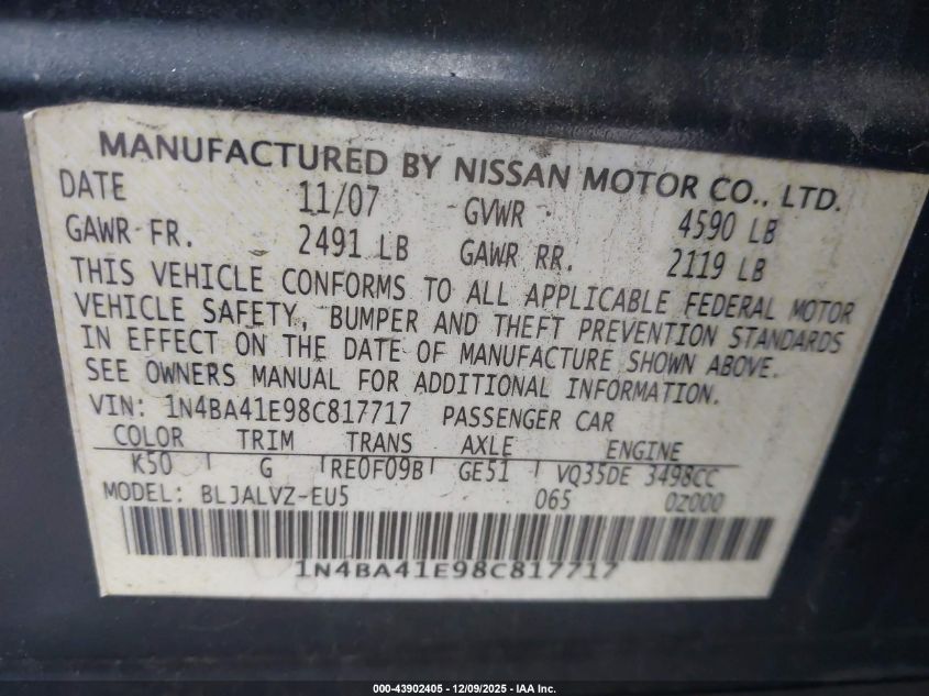 2008 Nissan Maxima 3.5 Se VIN: 1N4BA41E98C817717 Lot: 43902405