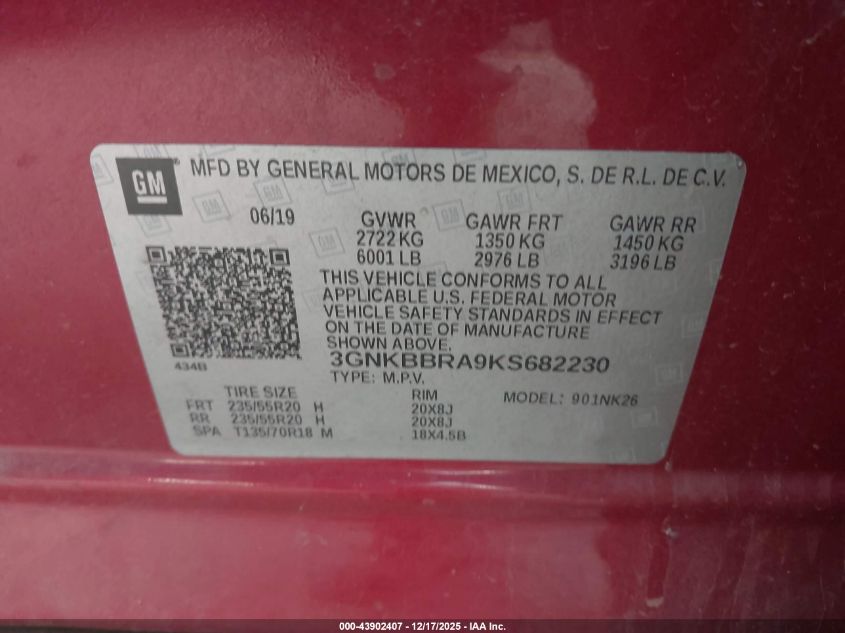 2019 Chevrolet Blazer VIN: 3GNKBBRA9KS682230 Lot: 43902407