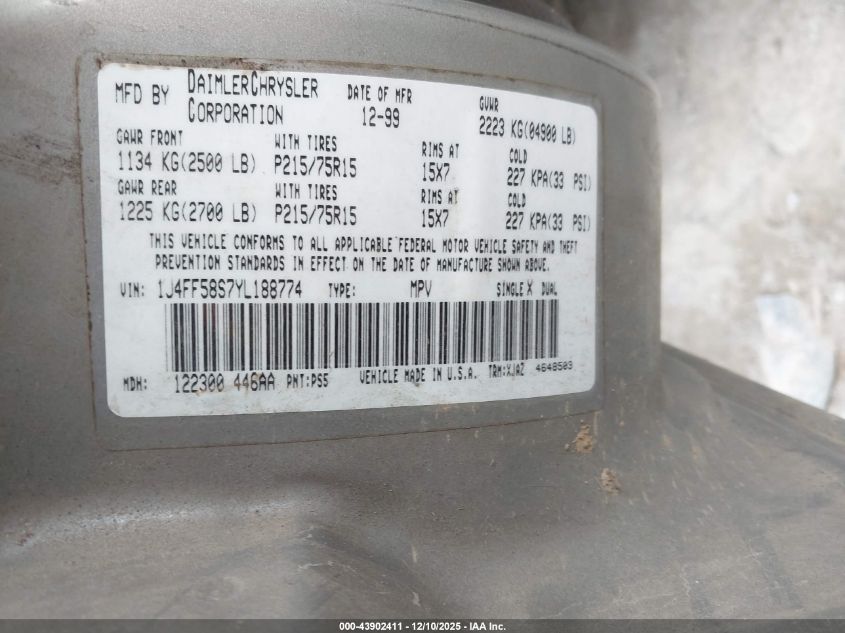 2000 Jeep Cherokee Classic VIN: 1J4FF58S7YL188774 Lot: 43902411