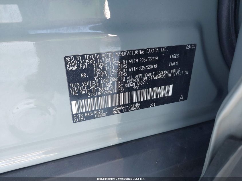 2021 Toyota Rav4 Adventure VIN: 2T3J1RFV4MW140157 Lot: 43902420