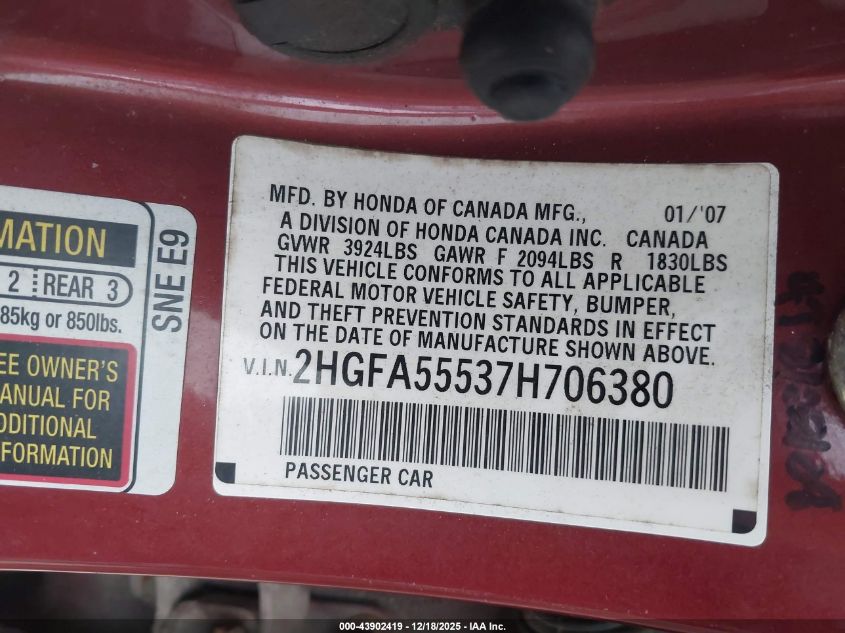 2007 Honda Civic Si VIN: 2HGFA55537H706380 Lot: 43902419